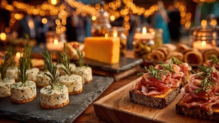 Naklejka premium Gourmet appetizer spread at an elegant party cheese, charcuterie, herb crackers, warm lights