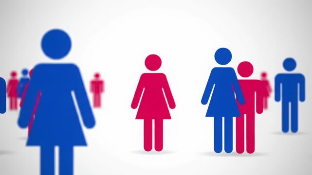 Wide, static video of minimalist 2D animation with blue & crimson human silhouettes on a white background, depicting a population shift. Abstract demographic change visualization