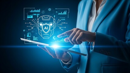 Businesswoman interacting with ai interface on tablet in dark room