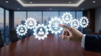 Businessman touching virtual gears with icons representing corporate law,leadership,ethics,and human resources,technology interface in modern boardroom strategy setting
