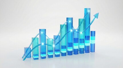 3D blue bar and line graph representing data analytics,financial growth,market trends and performance tracking,concept of futuristic digital economy and technology visualization