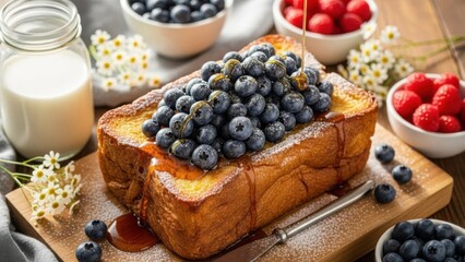 Delicious blueberry French toast with syrup and fresh berries