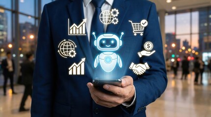 Businessman using smartphone with glowing AI robot assistant and futuristic digital icons for automation,analytics,ecommerce,global connectivity and financial integration