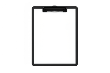 Black clipboard holding a blank white paper sheet with a metal clip, isolated on a transparent background