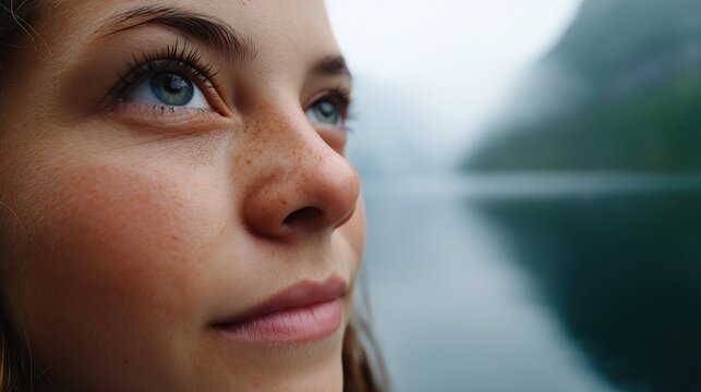 Young caucasian female gazing at tranquil lake with mountainous backdrop - Powered by Adobe