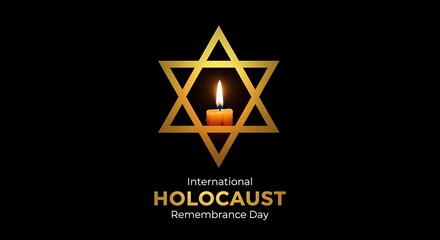 Commemorative graphic illustrating the International Holocaust Remembrance Day featuring a golden Star of David encompassing a burning memorial candle against a dark background.
