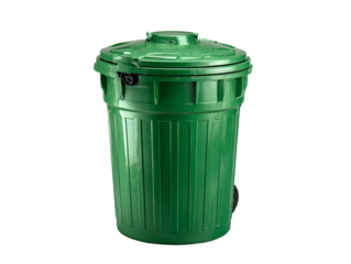 A close-up view of a green trash bin with a closed lid, indicating waste management and environmental responsibility. Isolated Transparent Background, PNG