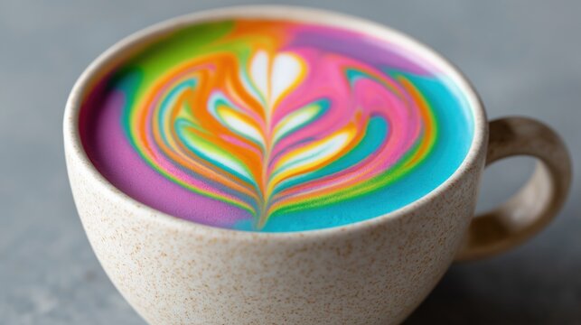 Colorful rainbow latte art in a ceramic mug on gray background