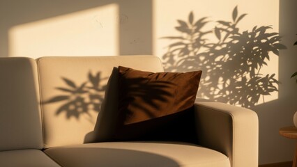 Cozy living room with brown pillow on white couch