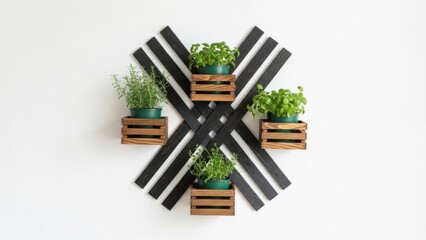 Modern wooden plant holders with green plants on white wall