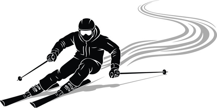 Skier in black outfit skiing down a snow covered mountain trail with ski poles