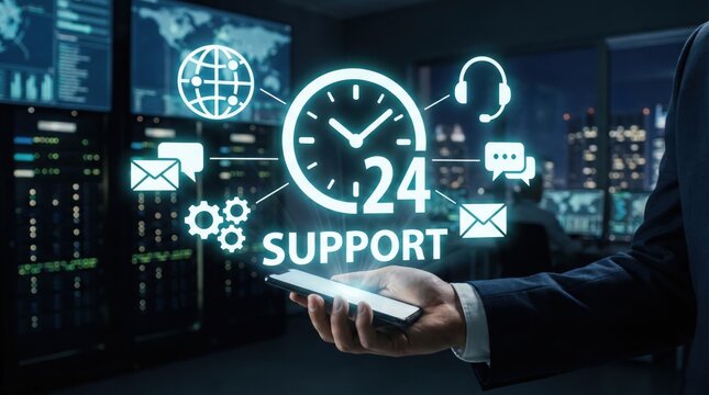 24/7 support service concept with glowing icons of communication,gear,email,chat,global network and clock above smartphone in tech operations center - Powered by Adobe