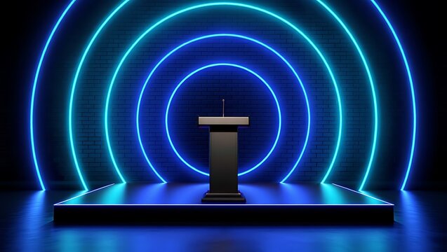 Futuristic stage with glowing neon concentric circles behind a modern podium illuminated with blue light