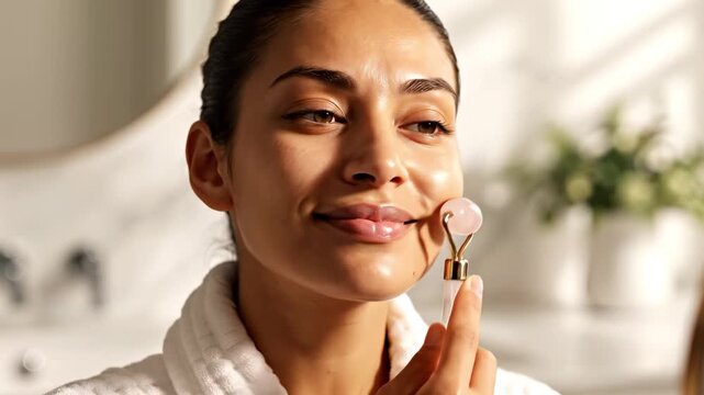 Woman in a cozy white robe uses a rose quartz facial roller in a serene setting, self-care and wellness.