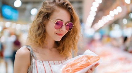 Young caucasian female shopping for fresh salmon at grocery store