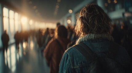 A person with a backpack walks through a sunlit, crowded terminal, seen from behind