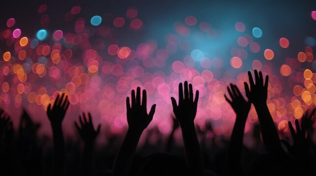 Silhouetted crowd with raised hands, vibrant bokeh lights illuminate the joyful scene