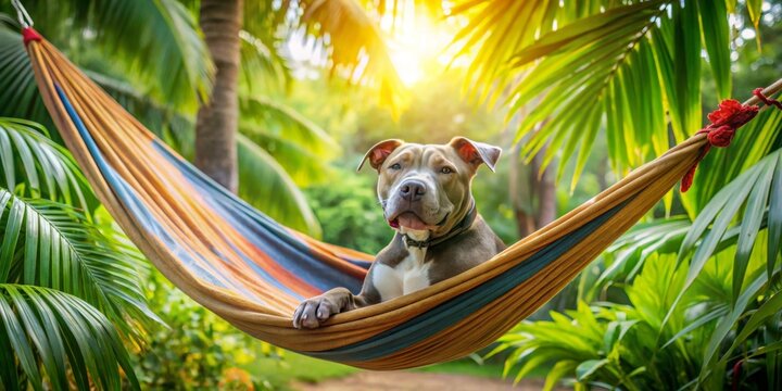 A relaxed canine companion enjoying a sunny siesta in a vibrant hammock suspended amidst lush tropical foliage