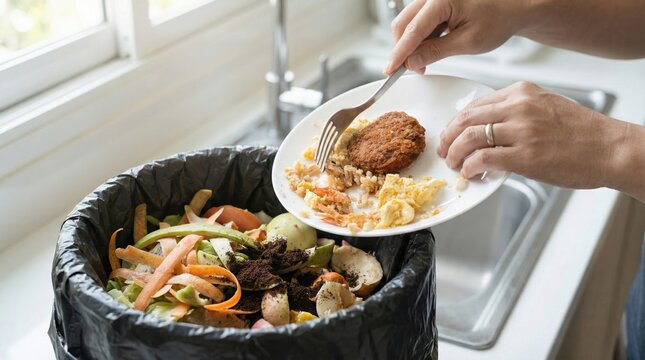 Person discarding leftover food into trash bin at kitchen sink,concept of food waste and sustainability in daily life