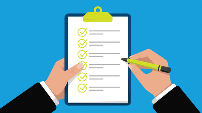 business checklist clipboard with hand holding pen task management planning and completion concept flat vector illustration