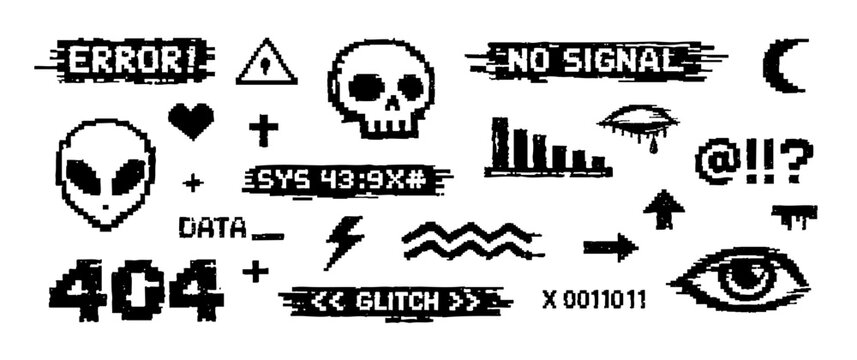 Collection of retro 8-bit pixel art glitch icons and error symbols on a white background. Cyberpunk and vaporwave aesthetic design elements.