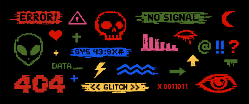 Collection of colorful glitch pixel art icons and error messages on a black background, featuring cyberpunk and y2k aesthetic elements.