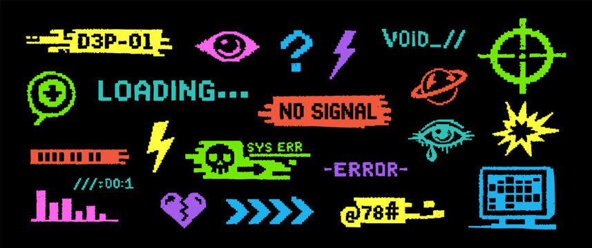 Vibrant pixel art glitch elements and retro computer icons, including a skull, heart, and error messages, on a black background.