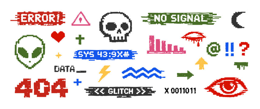 Collection of retro pixel art glitch icons and error messages including skull, alien, and 404 text for digital design and hacker aesthetic.