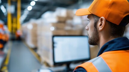 Young caucasian male warehouse worker in orange uniform monitoring inventory on computer