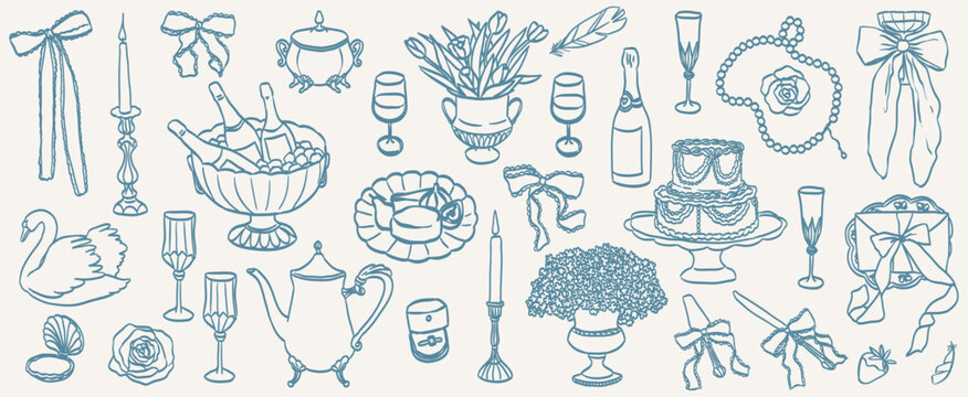 Hand drawn wedding ceremony illustrations. Bride icons in baroque or rococo style with whimsy elegant frames and pearl with lace decorations. Wedding borders and elements for invitations and menus.