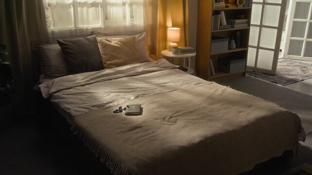 No people view of double bed with bible book and rosary beads in bedroom illuminated by lamp placed on white bedside table next to bookcase
