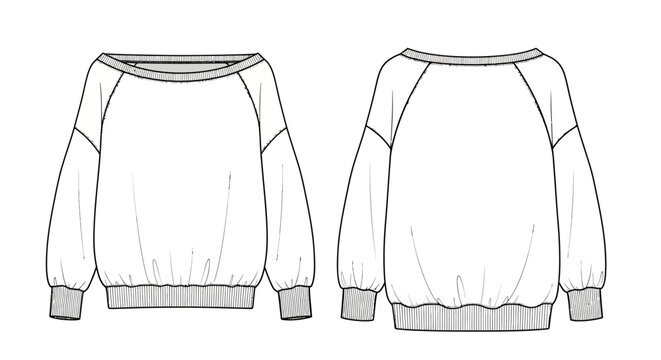 Women's Off-Shoulder Raglan Sweatshirt Technical Flat Sketch Vector Template with Oversized Fit and Ribbed Cuffs