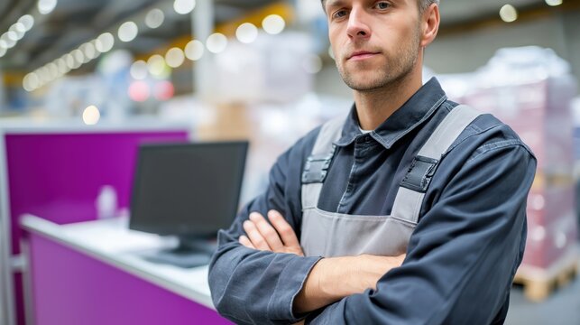 Confident male caucasian young adult worker in warehouse setting - Powered by Adobe