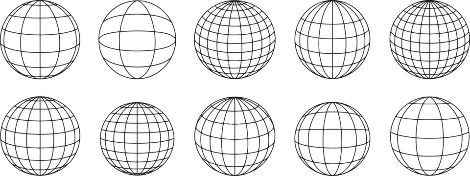 Wireframe globes in various orientations and perspectives