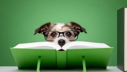 A dog wearing glasses reads a green book on a table against a green background
