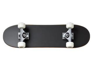 A single skateboard on a clean, unobtrusive plane. The board itself is dark, providing a sleek aesthetic Isolated Transparent Background, PNG