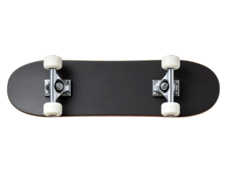 A single skateboard on a clean, unobtrusive plane. The board itself is dark, providing a sleek aesthetic Isolated Transparent Background, PNG