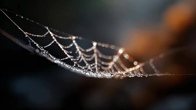 Macro view of a delicate spider's web covered in shimmering morning dew, glistening like jewels in the soft light and gently moving with a shallow depth of field and beautiful bokeh background