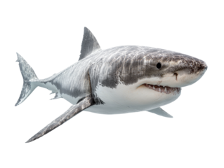 A magnificent great white shark swimming gracefully in the ocean. The shark's powerful body and sharp teeth are on full display Isolated Transparent Background, PNG