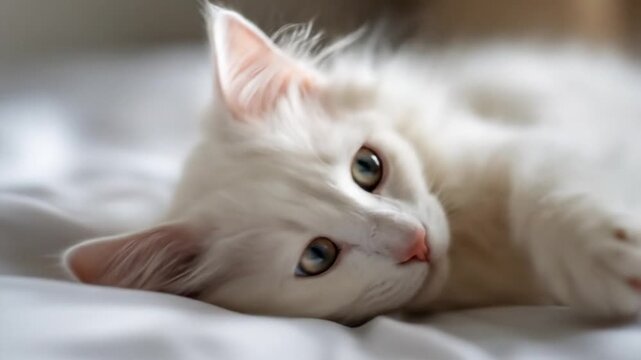 White cat with blue eyes rests on a soft white surface looking towards camera