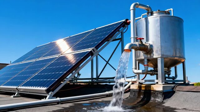 Medium shot of a solarassisted evaporation preheater featuring a rooftop solar array harnessing sunlight to warm incoming water set against a clear blue sky for sustainable energy