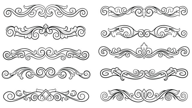 Collection of ten ornate vintage-style decorative dividers and flourishes in black and white line art for elegant document design.