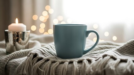A cozy blue mug sits on a knitted blanket next to a lit candle in a dimly lit room with warm ambiance.
