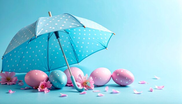 Pink and Blue Polka Dot Easter Eggs Sheltering Under a Small Blue Umbrella with Spring Blossoms