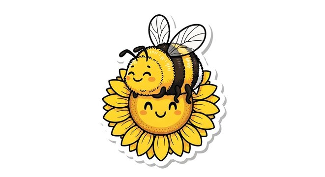 A vibrant and cheerful sticker illustration featuring a fuzzy, happy bumblebee resting on top of a bright yellow sunflower with a smiling face. Designed with a clean white border, bold outlines, and a