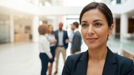 Confident businesswoman in modern office environment with team collaborating in background, showcasing professionalism and leadership