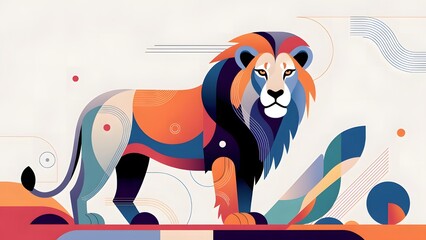 Modern geometric lion in vibrant abstract style: bold orange, blue, purple mane and body, flowing curved lines, circles and shapes on a dynamic warm backdrop.