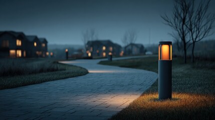 Obraz premium A winding paved path illuminated by modern bollard lights in a quiet suburban neighborhood at dusk
