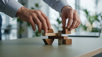 Hands arranging wooden geometric shapes on a table in a bright office environment, showcasing creativity and teamwork