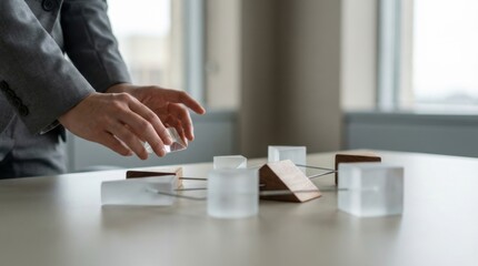 Business professional arranging geometric shapes on a modern workspace table for creative problem solving and innovative thinking